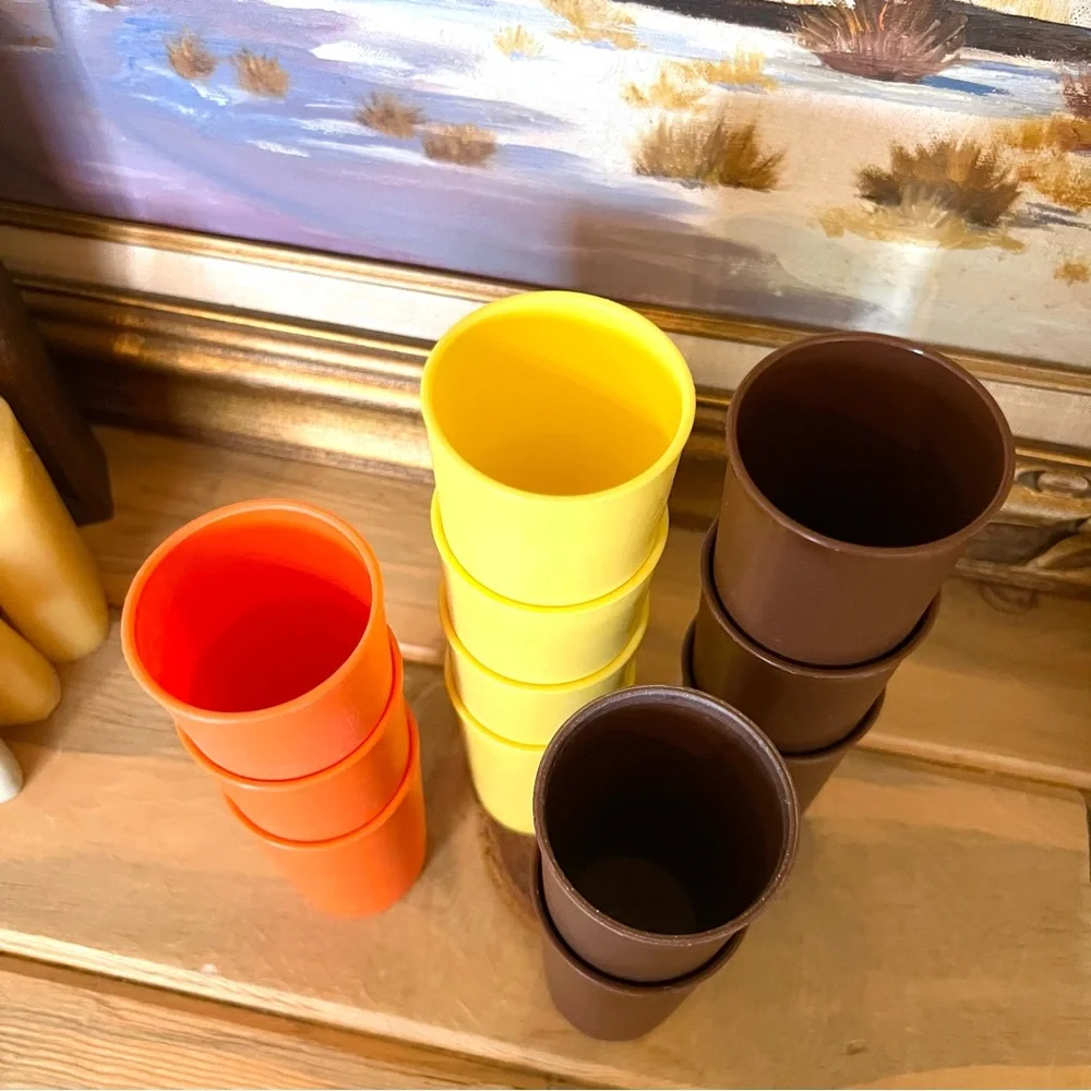 Vintage Tupperware Tumblers Cups 873 12 oz. Harvest Gold Brown Stackable MCM x12
